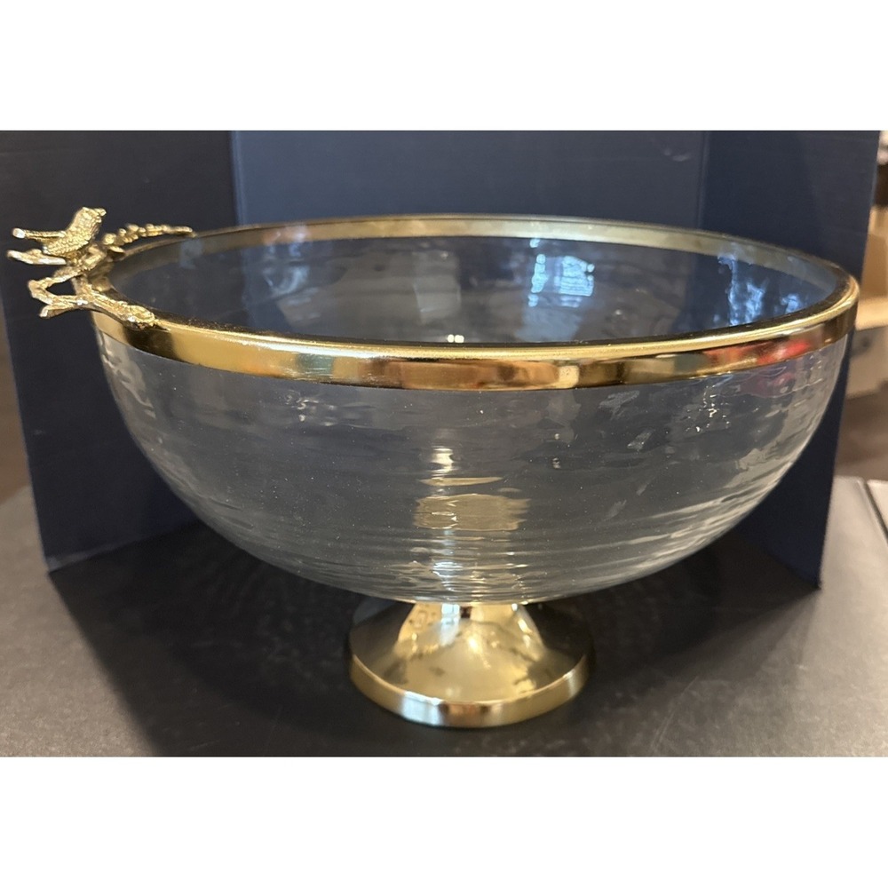 Glass Ornate Salad Punch Bowl Gold Trimmed Bird Floral Branch With Servers Heavy